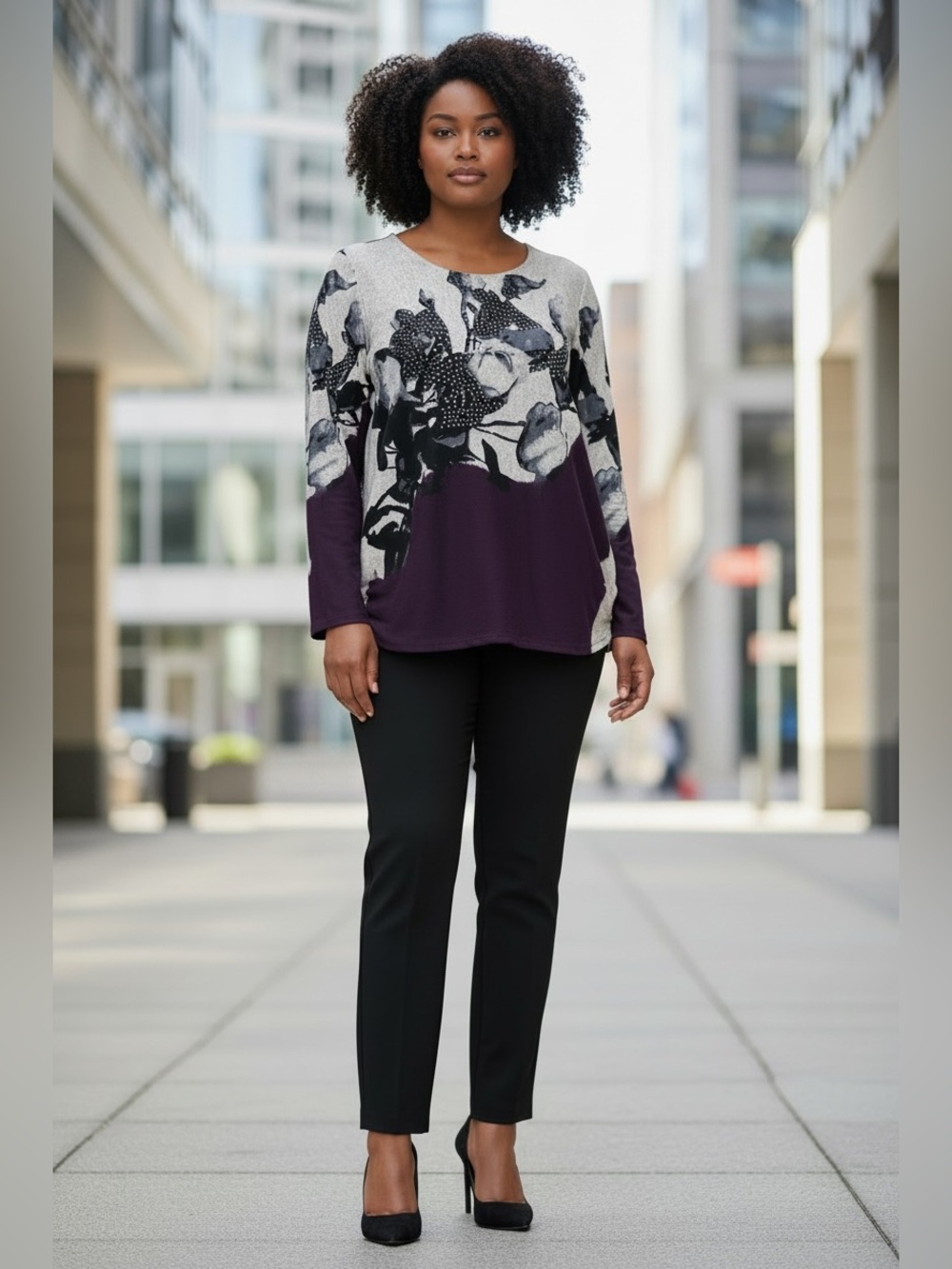 Claire France, 2X Plus Size, Floral Shirt Stretch Soft Grey Purple Black